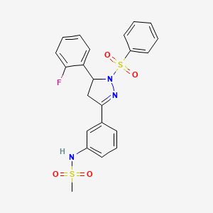 molecular formula C22H20FN3O4S2 B2729499 N-(3-(5-(2-fluorophenyl)-1-(phenylsulfonyl)-4,5-dihydro-1H-pyrazol-3-yl)phenyl)methanesulfonamide CAS No. 851782-39-3