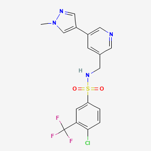 molecular formula C17H14ClF3N4O2S B2729504 4-chloro-N-((5-(1-methyl-1H-pyrazol-4-yl)pyridin-3-yl)methyl)-3-(trifluoromethyl)benzenesulfonamide CAS No. 2034462-60-5