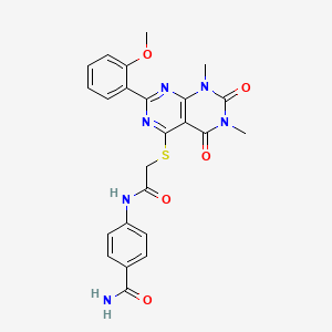 molecular formula C24H22N6O5S B2729513 4-(2-((2-(2-Methoxyphenyl)-6,8-dimethyl-5,7-dioxo-5,6,7,8-tetrahydropyrimido[4,5-d]pyrimidin-4-yl)thio)acetamido)benzamide CAS No. 921130-31-6