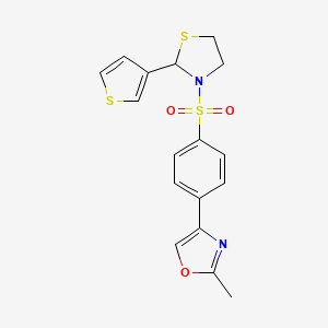 molecular formula C17H16N2O3S3 B2729591 2-Methyl-4-(4-((2-(thiophen-3-yl)thiazolidin-3-yl)sulfonyl)phenyl)oxazole CAS No. 2034615-04-6