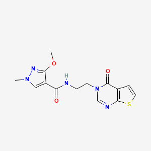 molecular formula C14H15N5O3S B2729670 3-methoxy-1-methyl-N-(2-(4-oxothieno[2,3-d]pyrimidin-3(4H)-yl)ethyl)-1H-pyrazole-4-carboxamide CAS No. 2034551-44-3