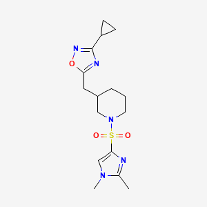 molecular formula C16H23N5O3S B2729675 3-环丙基-5-((1-((1,2-二甲基-1H-咪唑-4-基)磺酰)哌啪-3-基)甲基)-1,2,4-噁二唑 CAS No. 1705077-31-1