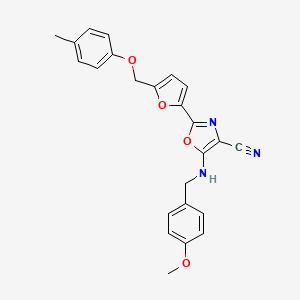 molecular formula C24H21N3O4 B2729702 5-((4-Methoxybenzyl)amino)-2-(5-((p-tolyloxy)methyl)furan-2-yl)oxazole-4-carbonitrile CAS No. 931317-61-2