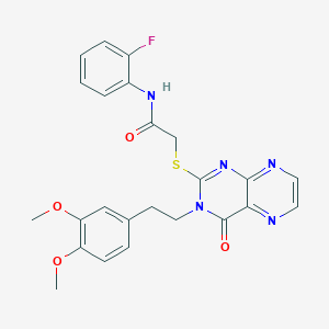 molecular formula C24H22FN5O4S B2729710 2-({3-[2-(3,4-dimethoxyphenyl)ethyl]-4-oxo-3,4-dihydropteridin-2-yl}thio)-N-(2-fluorophenyl)acetamide CAS No. 895647-64-0