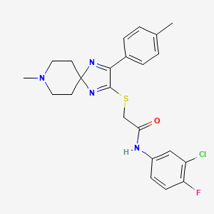 molecular formula C23H24ClFN4OS B2729767 N-(3-chloro-4-fluorophenyl)-2-((8-methyl-3-(p-tolyl)-1,4,8-triazaspiro[4.5]deca-1,3-dien-2-yl)thio)acetamide CAS No. 1189868-77-6