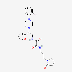 molecular formula C25H32FN5O4 B2729799 N1-(2-(4-(2-fluorophenyl)piperazin-1-yl)-2-(furan-2-yl)ethyl)-N2-(3-(2-oxopyrrolidin-1-yl)propyl)oxalamide CAS No. 877633-34-6
