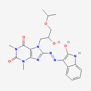 molecular formula C21H25N7O5 B2729827 (E)-7-(2-hydroxy-3-isopropoxypropyl)-1,3-dimethyl-8-(2-(2-oxoindolin-3-ylidene)hydrazinyl)-1H-purine-2,6(3H,7H)-dione CAS No. 899357-84-7