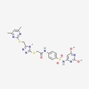 molecular formula C24H27N9O5S3 B2729847 N-[4-[(2,6-dimethoxypyrimidin-4-yl)sulfamoyl]phenyl]-2-[[5-[(4,6-dimethylpyrimidin-2-yl)sulfanylmethyl]-4-methyl-1,2,4-triazol-3-yl]sulfanyl]acetamide CAS No. 637326-87-5