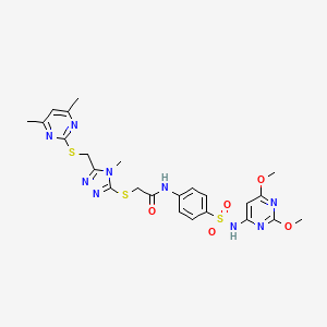 molecular formula C24H27N9O5S3 B2729847 N-[4-[(2,6-二甲氧基嘧啶-4-基)磺酰氨基]苯基]-2-[[5-[(4,6-二甲基嘧啶-2-基)硫代甲基]-4-甲基-1,2,4-三唑-3-基]硫代]乙酰胺 CAS No. 637326-87-5