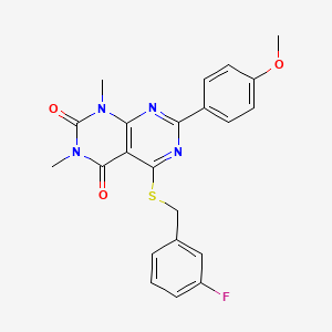molecular formula C22H19FN4O3S B2729873 5-((3-fluorobenzyl)thio)-7-(4-methoxyphenyl)-1,3-dimethylpyrimido[4,5-d]pyrimidine-2,4(1H,3H)-dione CAS No. 852168-97-9