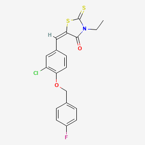 molecular formula C19H15ClFNO2S2 B2729999 (5E)-5-({3-chloro-4-[(4-fluorophenyl)methoxy]phenyl}methylidene)-3-ethyl-2-sulfanylidene-1,3-thiazolidin-4-one CAS No. 255865-23-7