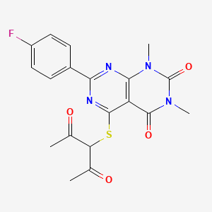 molecular formula C19H17FN4O4S B2730008 5-((2,4-dioxopentan-3-yl)thio)-7-(4-fluorophenyl)-1,3-dimethylpyrimido[4,5-d]pyrimidine-2,4(1H,3H)-dione CAS No. 852171-41-6