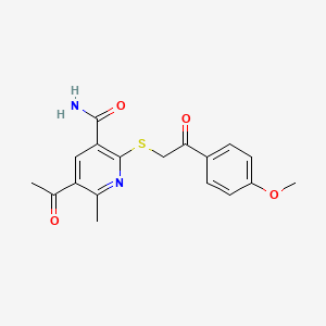 molecular formula C18H18N2O4S B2730025 5-Acetyl-2-((2-(4-methoxyphenyl)-2-oxoethyl)thio)-6-methylnicotinamide CAS No. 694472-83-8