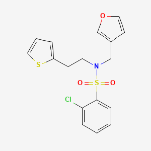molecular formula C17H16ClNO3S2 B2730035 2-chloro-N-(furan-3-ylmethyl)-N-(2-(thiophen-2-yl)ethyl)benzenesulfonamide CAS No. 1428360-14-8
