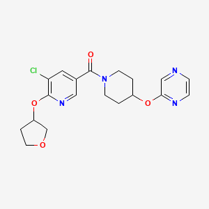 molecular formula C19H21ClN4O4 B2730038 (5-Chloro-6-((tetrahydrofuran-3-yl)oxy)pyridin-3-yl)(4-(pyrazin-2-yloxy)piperidin-1-yl)methanone CAS No. 1904433-35-7
