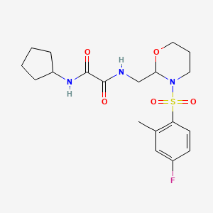 molecular formula C19H26FN3O5S B2730100 N1-环戊基-N2-((3-((4-氟-2-甲基苯基)磺酰)-1,3-噁唑环己-2-基)甲基)草酰胺 CAS No. 872987-00-3