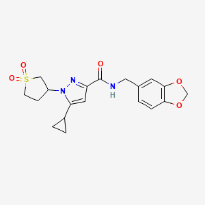 molecular formula C19H21N3O5S B2730111 N-(benzo[d][1,3]dioxol-5-ylmethyl)-5-cyclopropyl-1-(1,1-dioxidotetrahydrothiophen-3-yl)-1H-pyrazole-3-carboxamide CAS No. 1019096-37-7
