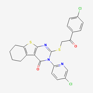 molecular formula C23H17Cl2N3O2S2 B2730141 2-[2-(4-Chlorophenyl)-2-oxoethyl]sulfanyl-3-(5-chloropyridin-2-yl)-5,6,7,8-tetrahydro-[1]benzothiolo[2,3-d]pyrimidin-4-one CAS No. 380170-49-0