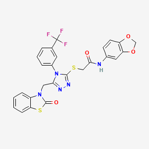 molecular formula C26H18F3N5O4S2 B2730179 N-(benzo[d][1,3]dioxol-5-yl)-2-((5-((2-oxobenzo[d]thiazol-3(2H)-yl)methyl)-4-(3-(trifluoromethyl)phenyl)-4H-1,2,4-triazol-3-yl)thio)acetamide CAS No. 896677-93-3