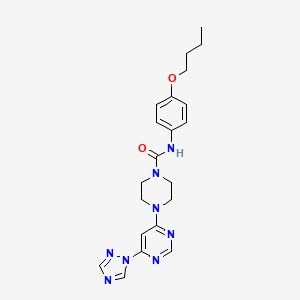 molecular formula C21H26N8O2 B2730190 4-(6-(1H-1,2,4-triazol-1-yl)pyrimidin-4-yl)-N-(4-butoxyphenyl)piperazine-1-carboxamide CAS No. 1705099-27-9