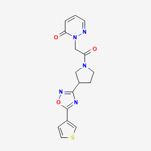 molecular formula C16H15N5O3S B2730212 2-(2-oxo-2-(3-(5-(thiophen-3-yl)-1,2,4-oxadiazol-3-yl)pyrrolidin-1-yl)ethyl)pyridazin-3(2H)-one CAS No. 2034288-76-9