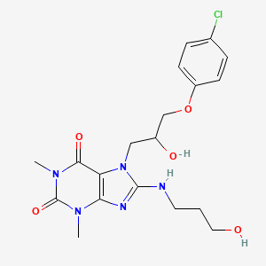 molecular formula C19H24ClN5O5 B2730239 7-(3-(4-chlorophenoxy)-2-hydroxypropyl)-8-((3-hydroxypropyl)amino)-1,3-dimethyl-1H-purine-2,6(3H,7H)-dione CAS No. 941874-16-4