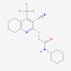 molecular formula C19H22F3N3OS B2730252 2-((3-cyano-4-(trifluoromethyl)-5,6,7,8-tetrahydroquinolin-2-yl)thio)-N-cyclohexylacetamide CAS No. 905773-31-1