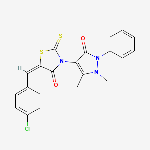 molecular formula C21H16ClN3O2S2 B2730258 (E)-5-(4-chlorobenzylidene)-3-(1,5-dimethyl-3-oxo-2-phenyl-2,3-dihydro-1H-pyrazol-4-yl)-2-thioxothiazolidin-4-one CAS No. 190653-58-8