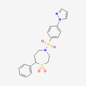 molecular formula C20H21N3O4S2 B2730285 4-((4-(1H-pyrazol-1-yl)phenyl)sulfonyl)-7-phenyl-1,4-thiazepane 1,1-dioxide CAS No. 2034335-94-7