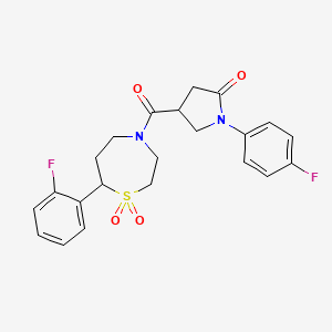 molecular formula C22H22F2N2O4S B2730312 1-(4-氟苯基)-4-(7-(2-氟苯基)-1,1-二氧化-1,4-噻赛巴烷-4-羧酰)吡咯烷-2-酮 CAS No. 2034458-24-5
