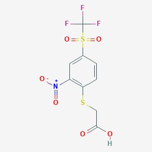 molecular formula C9H6F3NO6S2 B2730347 2-[2-硝基-4-(三氟甲磺基)苯基]硫基乙酸 CAS No. 459188-73-9