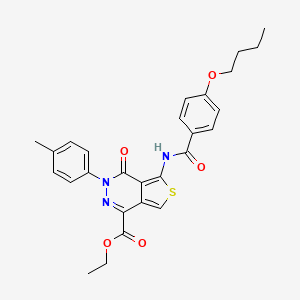 molecular formula C27H27N3O5S B2730356 Ethyl 5-(4-butoxybenzamido)-4-oxo-3-(p-tolyl)-3,4-dihydrothieno[3,4-d]pyridazine-1-carboxylate CAS No. 851948-14-6