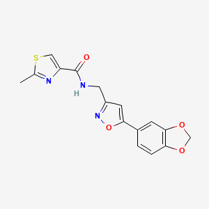 molecular formula C16H13N3O4S B2730387 N-((5-(苯并[d][1,3]二噁杂环-5-基)异噁唑-3-基)甲基)-2-甲基噻唑-4-甲酰胺 CAS No. 1207014-87-6