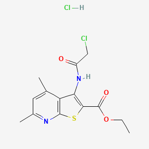 molecular formula C14H16Cl2N2O3S B2730456 Ethyl 3-[(2-chloroacetyl)amino]-4,6-dimethylthieno[2,3-b]pyridine-2-carboxylate;hydrochloride CAS No. 2243515-38-8