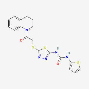 molecular formula C18H17N5O2S3 B2730485 1-(5-((2-(3,4-dihydroquinolin-1(2H)-yl)-2-oxoethyl)thio)-1,3,4-thiadiazol-2-yl)-3-(thiophen-2-yl)urea CAS No. 1172489-91-6