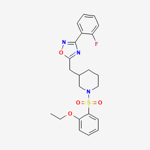molecular formula C22H24FN3O4S B2730489 5-((1-((2-Ethoxyphenyl)sulfonyl)piperidin-3-yl)methyl)-3-(2-fluorophenyl)-1,2,4-oxadiazole CAS No. 1705547-13-2