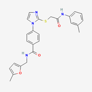 molecular formula C25H24N4O3S B2730500 N-((5-甲基呋喃-2-基)甲基)-4-(2-((2-氧代-2-(间甲苯氨基)乙基)硫代)-1H-咪唑-1-基)苯甲酰胺 CAS No. 1207000-28-9