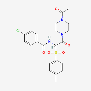 molecular formula C22H24ClN3O5S B2730526 N-(2-(4-acetylpiperazin-1-yl)-2-oxo-1-tosylethyl)-4-chlorobenzamide CAS No. 1042974-83-3