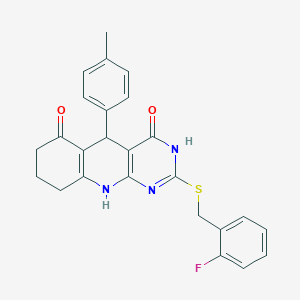 molecular formula C25H22FN3O2S B2730536 2-((2-fluorobenzyl)thio)-5-(p-tolyl)-7,8,9,10-tetrahydropyrimido[4,5-b]quinoline-4,6(3H,5H)-dione CAS No. 537043-69-9