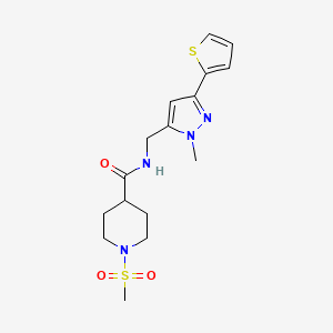 molecular formula C16H22N4O3S2 B2730572 1-Methylsulfonyl-N-[(2-methyl-5-thiophen-2-ylpyrazol-3-yl)methyl]piperidine-4-carboxamide CAS No. 2309587-02-6