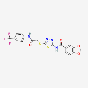 molecular formula C19H13F3N4O4S2 B2730586 N-(5-((2-oxo-2-((4-(trifluoromethyl)phenyl)amino)ethyl)thio)-1,3,4-thiadiazol-2-yl)benzo[d][1,3]dioxole-5-carboxamide CAS No. 897757-89-0