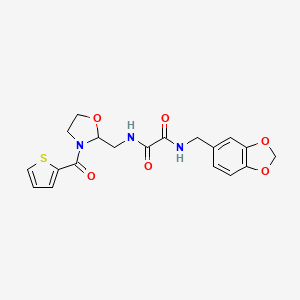 molecular formula C19H19N3O6S B2730605 N1-(苯并[d][1,3]二噁烷-5-基甲基)-N2-((3-(噻吩-2-基甲酰)噁唑环己-2-基甲基)甲基)草酰胺 CAS No. 874805-79-5