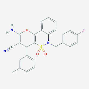 molecular formula C26H20FN3O3S B2730606 2-Amino-6-(4-fluorobenzyl)-4-(3-methylphenyl)-4,6-dihydropyrano[3,2-c][2,1]benzothiazine-3-carbonitrile 5,5-dioxide CAS No. 893293-63-5