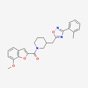 molecular formula C25H25N3O4 B2730750 (7-Methoxybenzofuran-2-yl)(3-((3-(o-tolyl)-1,2,4-oxadiazol-5-yl)methyl)piperidin-1-yl)methanone CAS No. 1706234-52-7