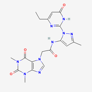 molecular formula C19H21N9O4 B2730772 2-(1,3-dimethyl-2,6-dioxo-2,3-dihydro-1H-purin-7(6H)-yl)-N-(1-(4-ethyl-6-oxo-1,6-dihydropyrimidin-2-yl)-3-methyl-1H-pyrazol-5-yl)acetamide CAS No. 1211236-97-3
