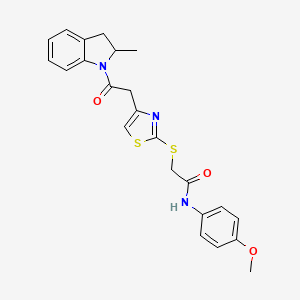 molecular formula C23H23N3O3S2 B2730782 N-(4-methoxyphenyl)-2-((4-(2-(2-methylindolin-1-yl)-2-oxoethyl)thiazol-2-yl)thio)acetamide CAS No. 941961-98-4