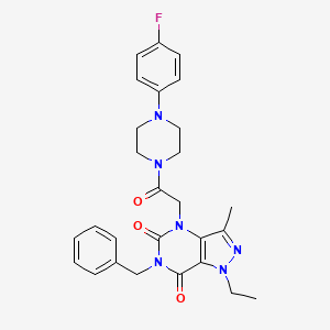 molecular formula C27H29FN6O3 B2730800 6-苄基-1-乙基-4-(2-(4-(4-氟苯基)哌嗪-1-基)-2-氧代乙基)-3-甲基-1H-嘧啶并[4,3-d]嘧啶-5,7(4H,6H)-二酮 CAS No. 1358480-83-7