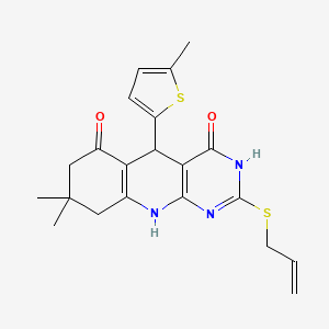 molecular formula C21H23N3O2S2 B2730889 2-(allylthio)-8,8-dimethyl-5-(5-methylthiophen-2-yl)-7,8,9,10-tetrahydropyrimido[4,5-b]quinoline-4,6(3H,5H)-dione CAS No. 627048-08-2