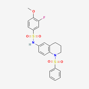 molecular formula C22H21FN2O5S2 B2730929 3-fluoro-4-methoxy-N-(1-(phenylsulfonyl)-1,2,3,4-tetrahydroquinolin-6-yl)benzenesulfonamide CAS No. 1005293-93-5