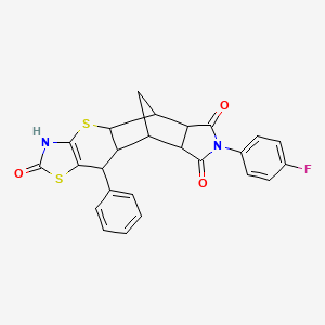 molecular formula C25H19FN2O3S2 B2730935 7-(4-Fluorophenyl)-10-phenyl-3,4a,5,5a,8a,9,9a,10-octahydro-5,9-methano[1,3]thiazolo[5',4':5,6]thiopyrano[2,3-f]isoindole-2,6,8-trione CAS No. 1212402-59-9